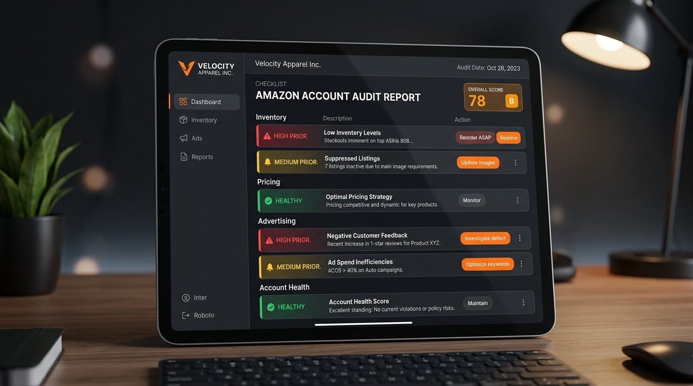 A clean report mockup showing color-coded priority levels next to each audit finding