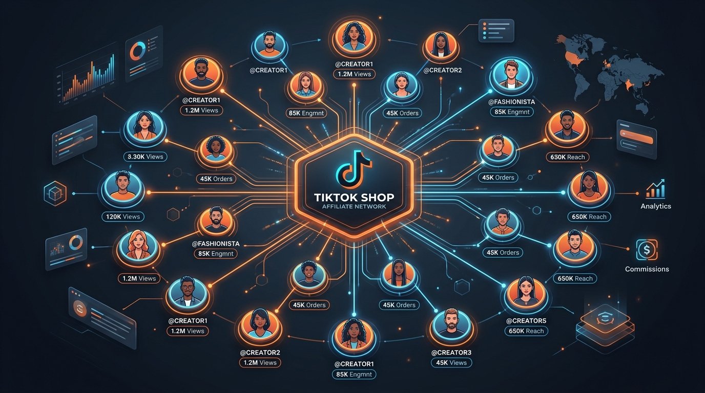 A network graphic showing a central product connected to multiple creator icons, visualizing an affiliate network