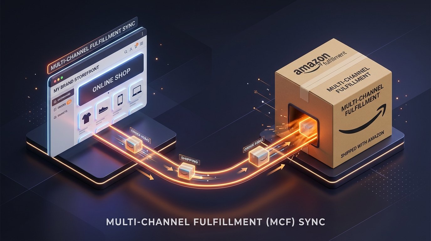 3D visualization of digital packages routing from a storefront to an Amazon fulfillment box