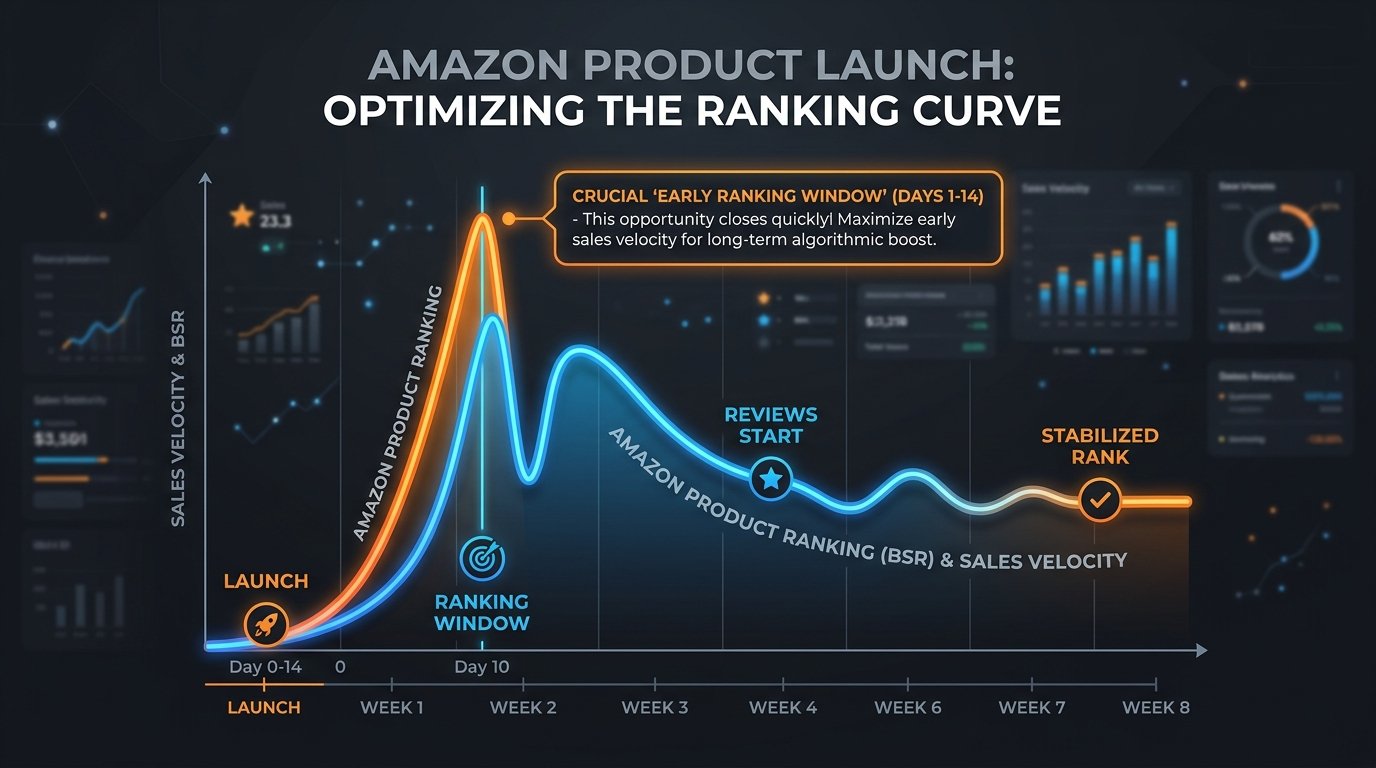 A simple timeline graphic showing a launch curve with a steep early ranking window, with a callout marking how quickly that early-attention window closes.