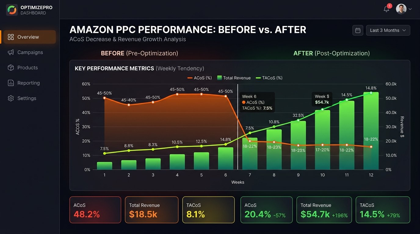 Amazon PPC Dashboard showing dropping ACoS and rising Revenue