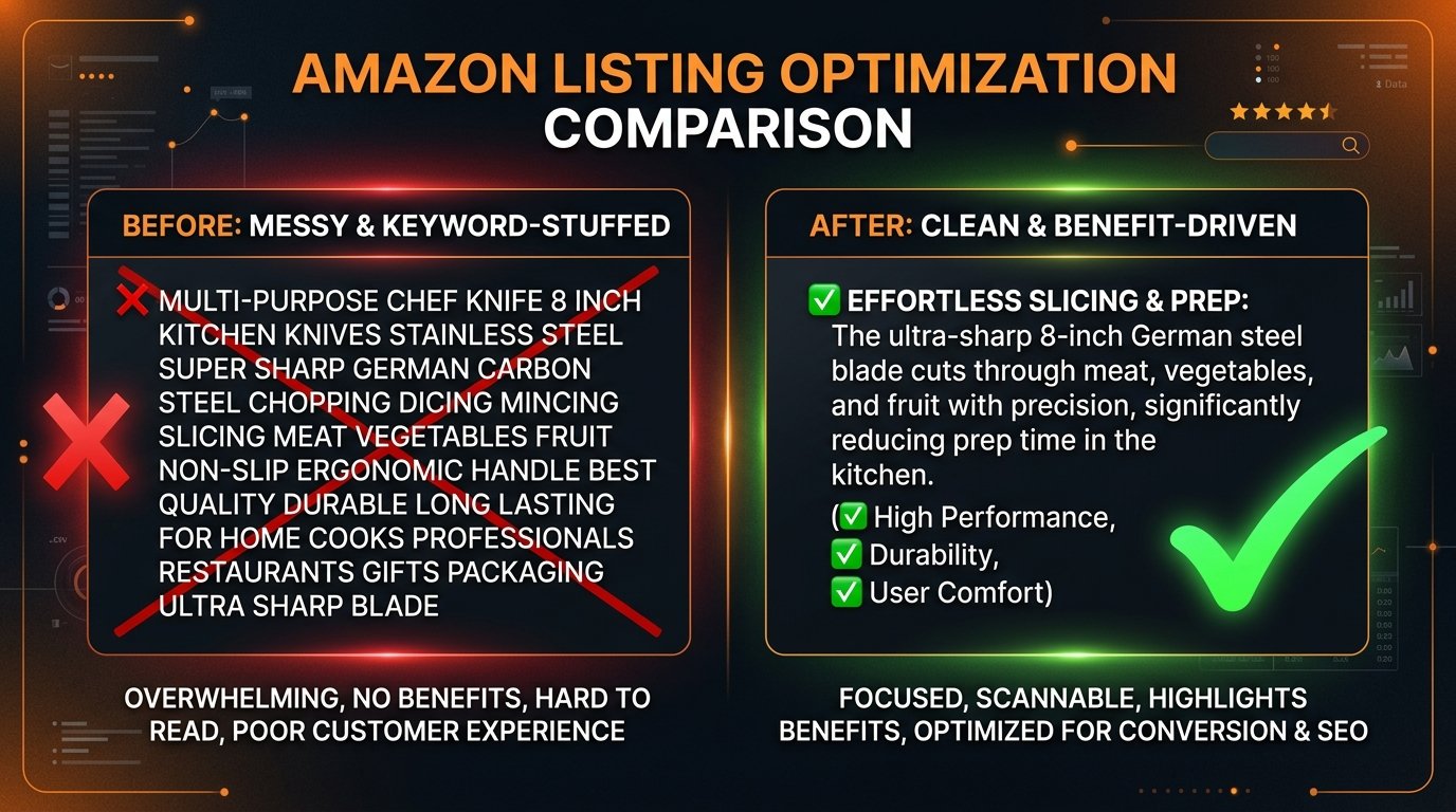 A side-by-side comparison graphic showing a keyword-stuffed bullet point crossed out next to a rewritten, benefit-driven bullet point